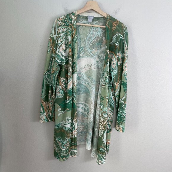 Chicos 2 Womens Large Green Paisley Open Front Cardigan Lightweight Jacket - Picture 7 of 11
